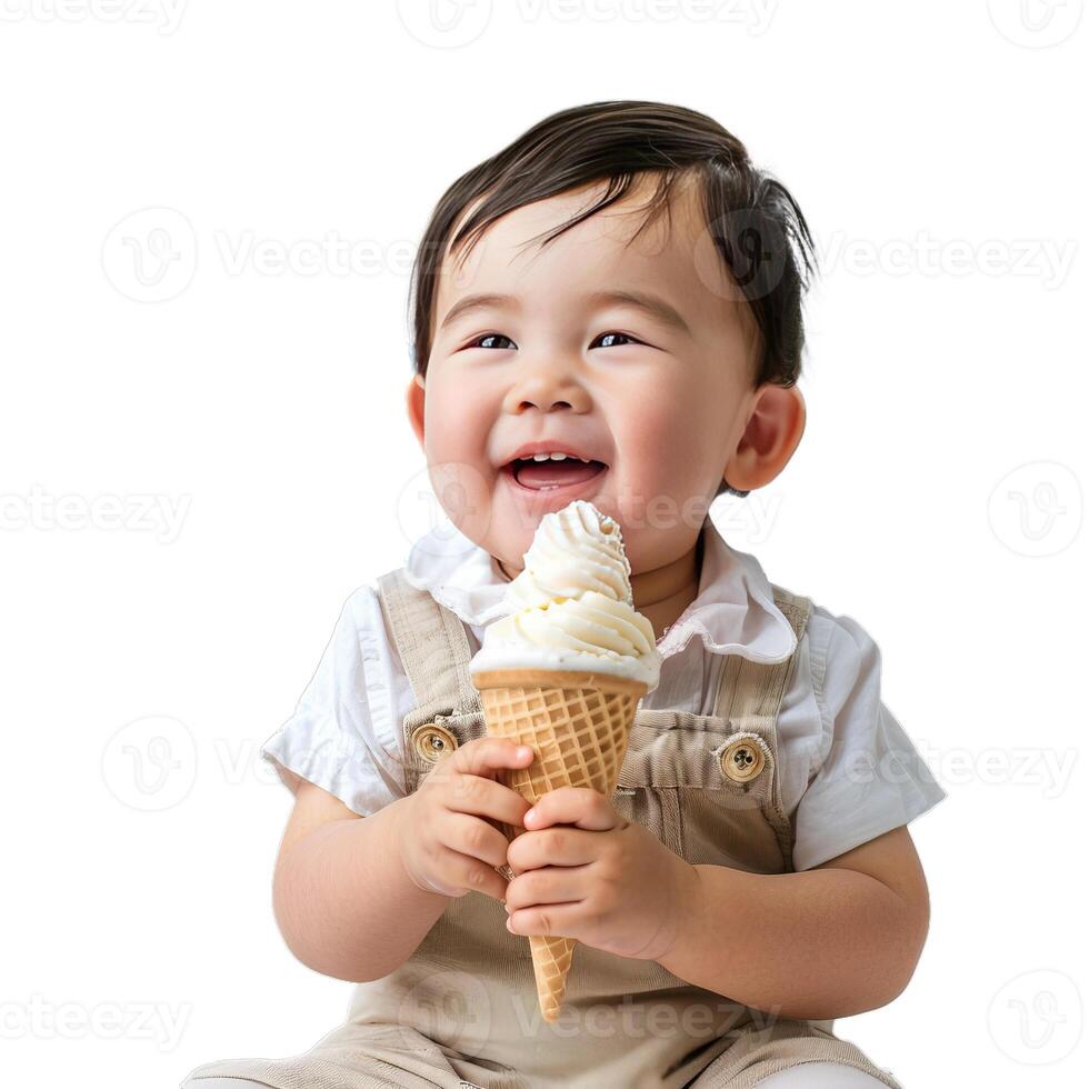 Happy baby boy enjoying eating ice cream cone photo