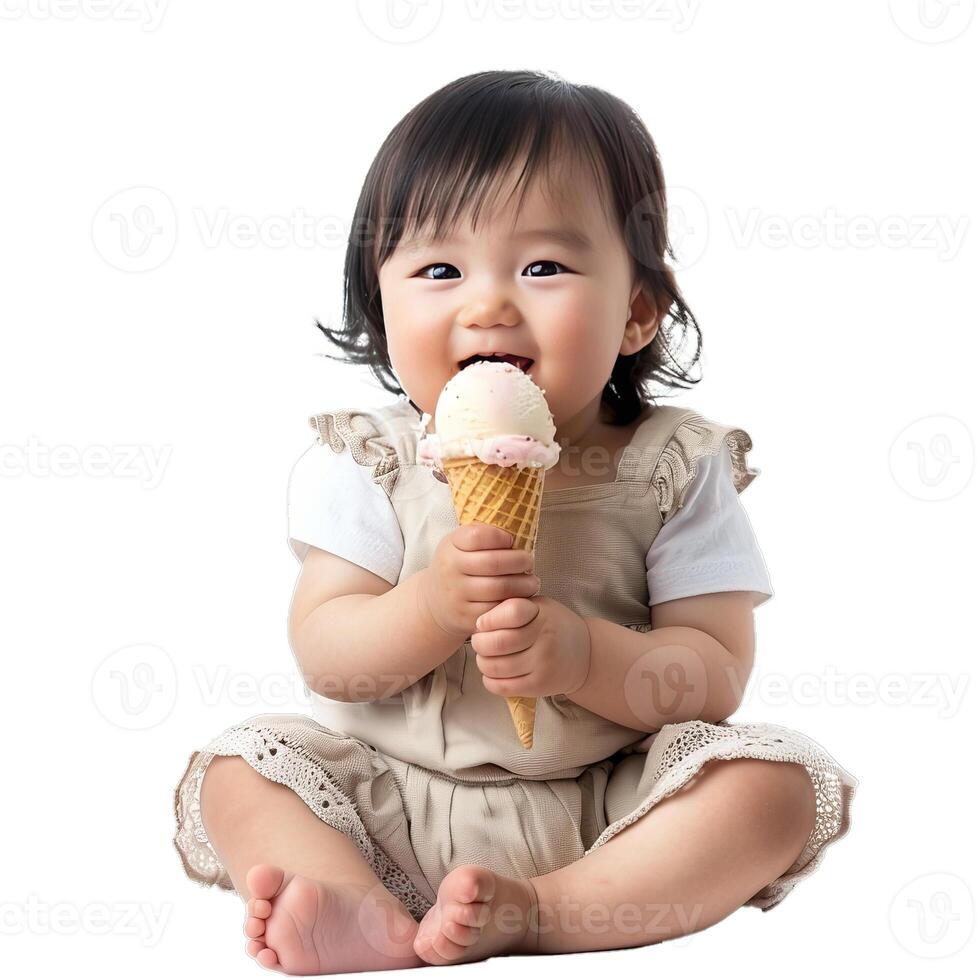 Adorable baby girl sitting and eating ice cream cone photo