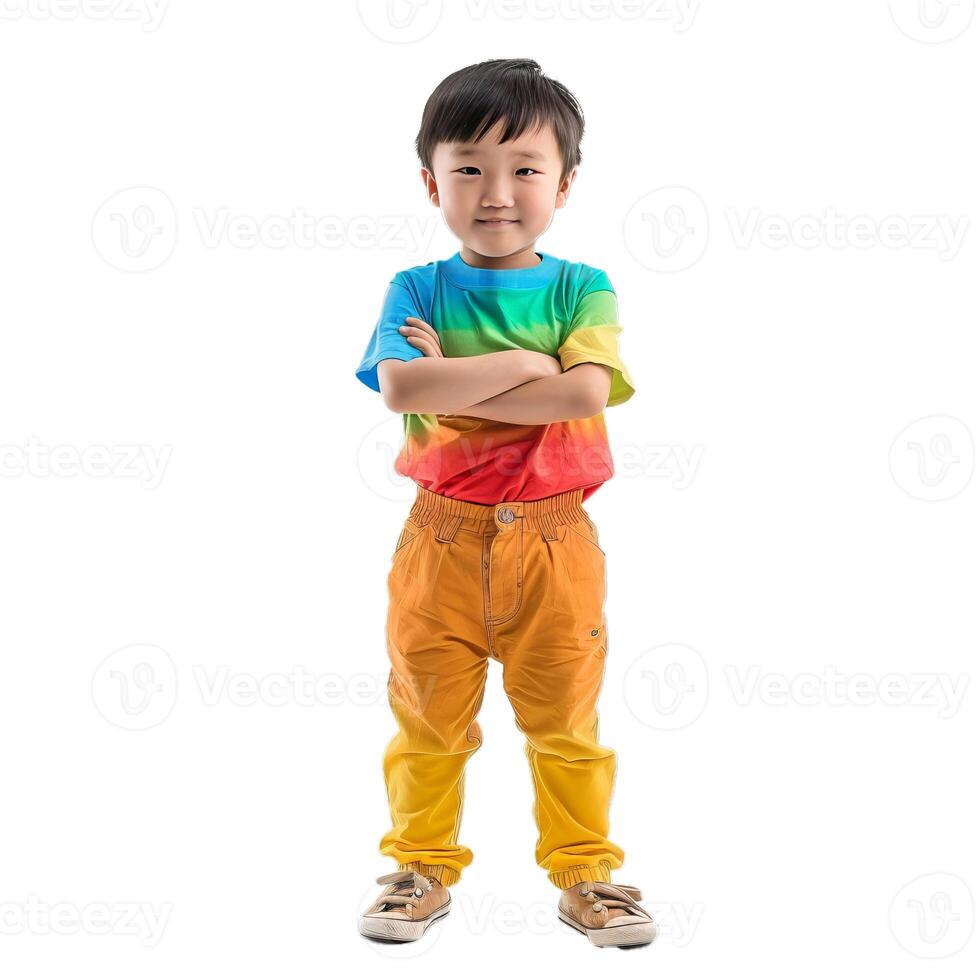 Young boy standing with arms crossed wearing colorful clothes on white background photo
