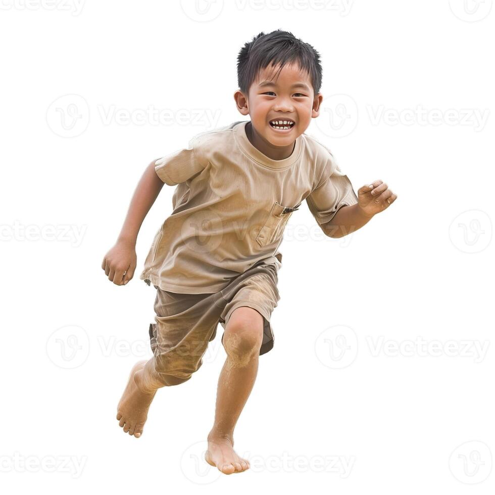 Joyful young boy running barefoot with a big smile, isolated on a transparent background photo