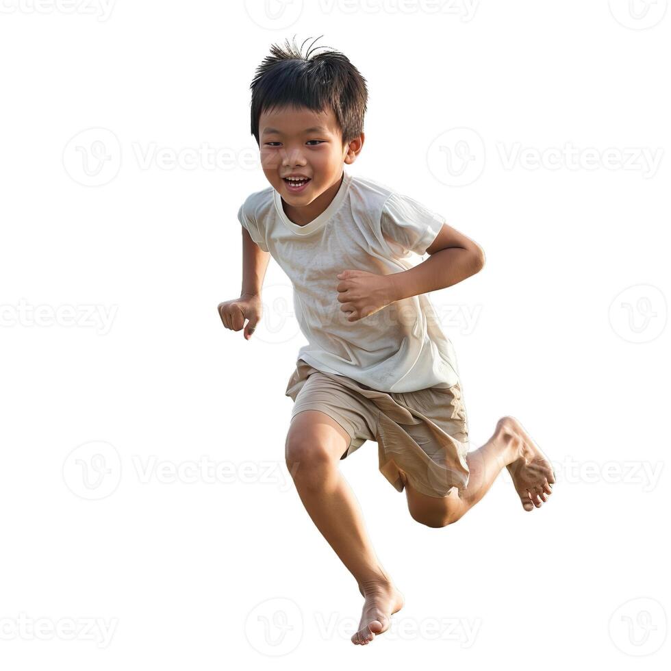 Young asian boy running and jumping with joy on white background photo