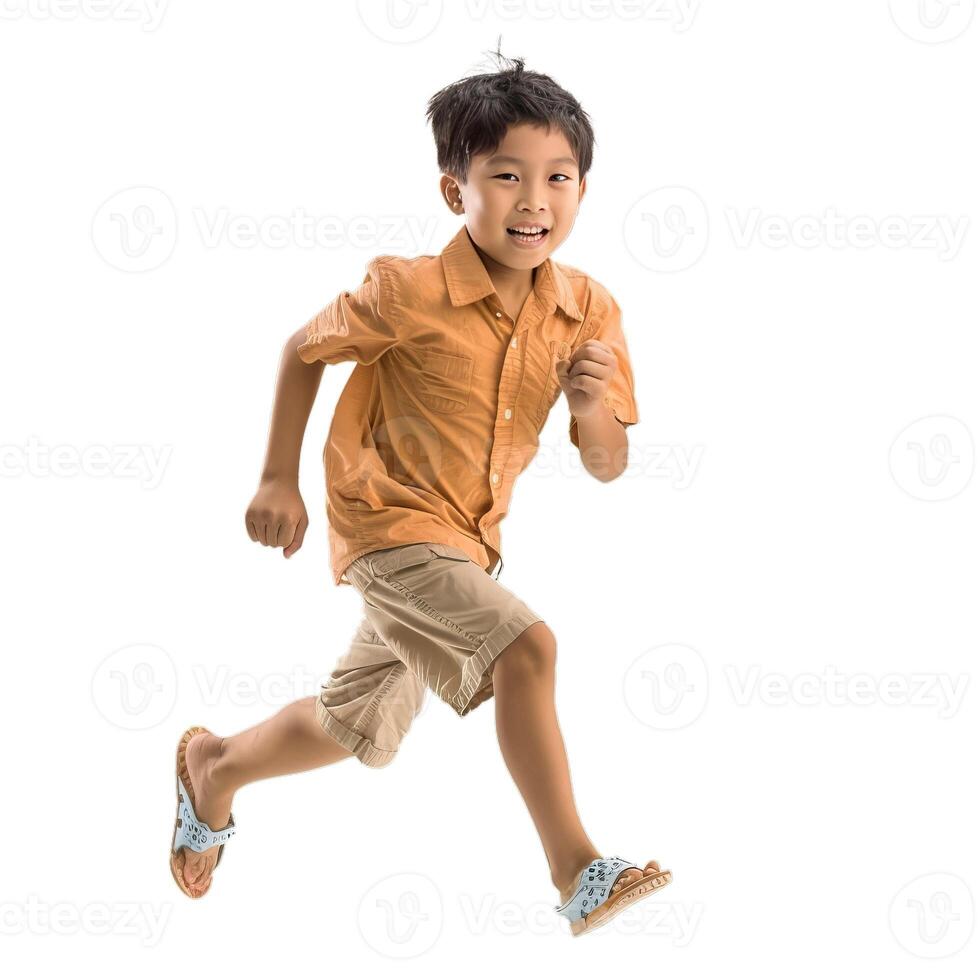Happy boy jumping in mid air on transparent background photo