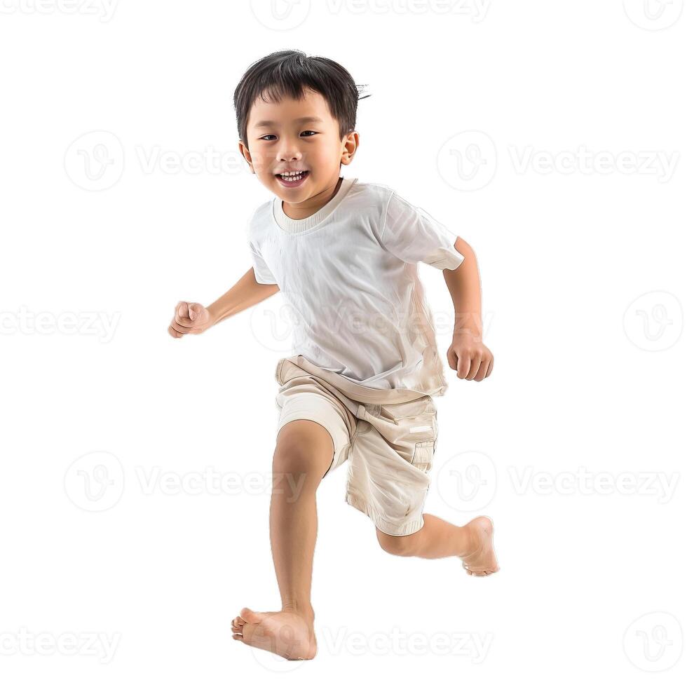 Happy asian boy running, smiling and having fun on white background photo