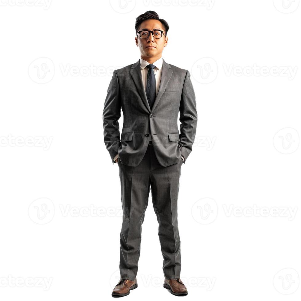 Confident businessman standing with hands in pockets on white background photo