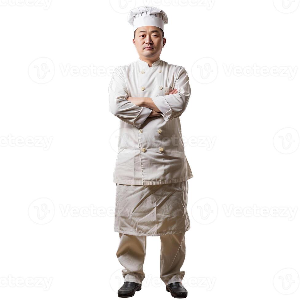 Confident asian chef standing with arms crossed on white background photo