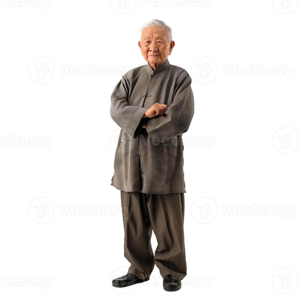 Confident senior man standing with arms crossed on white background photo