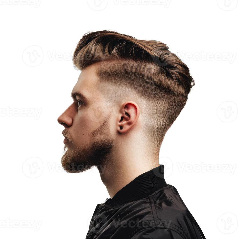 Young man with trendy hairstyle posing showing profile photo