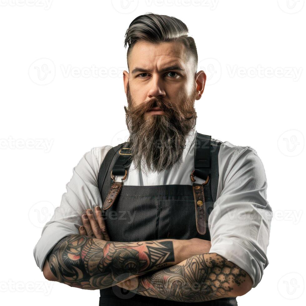 Serious bearded man with tattoos is crossing his arms photo