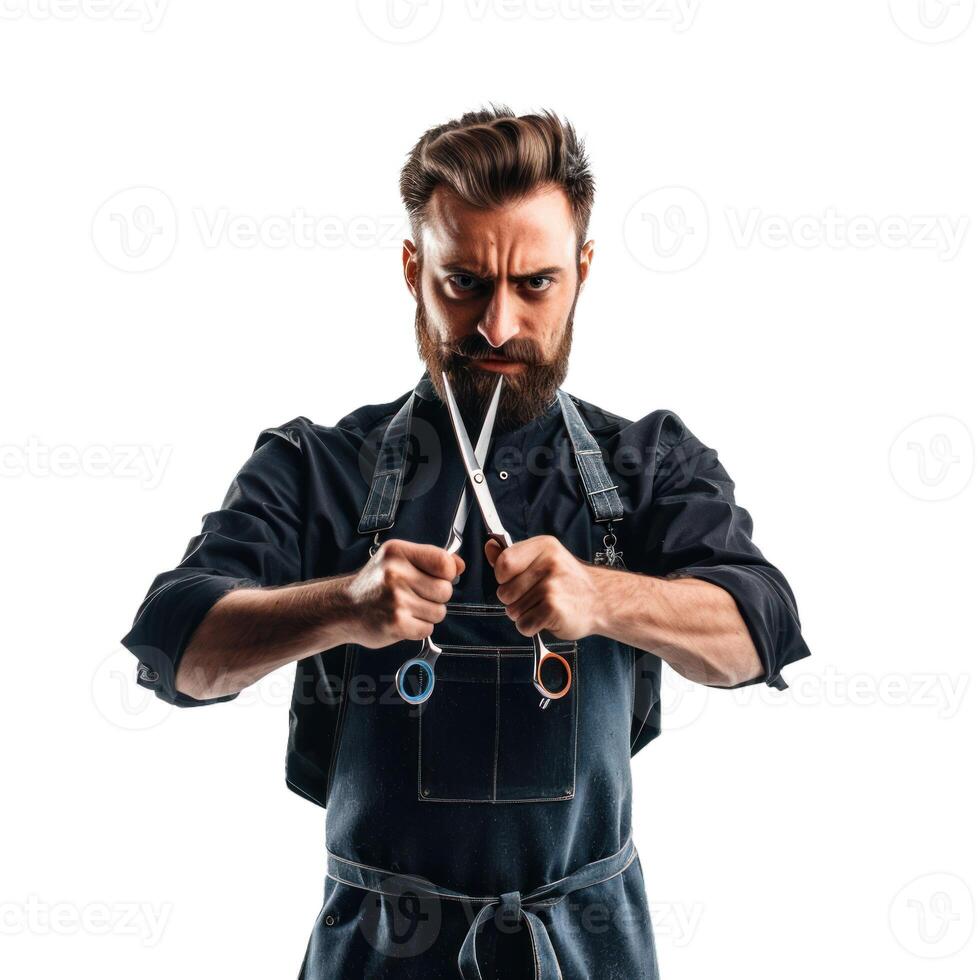 Determined hairstylist holding scissors on transparent background photo