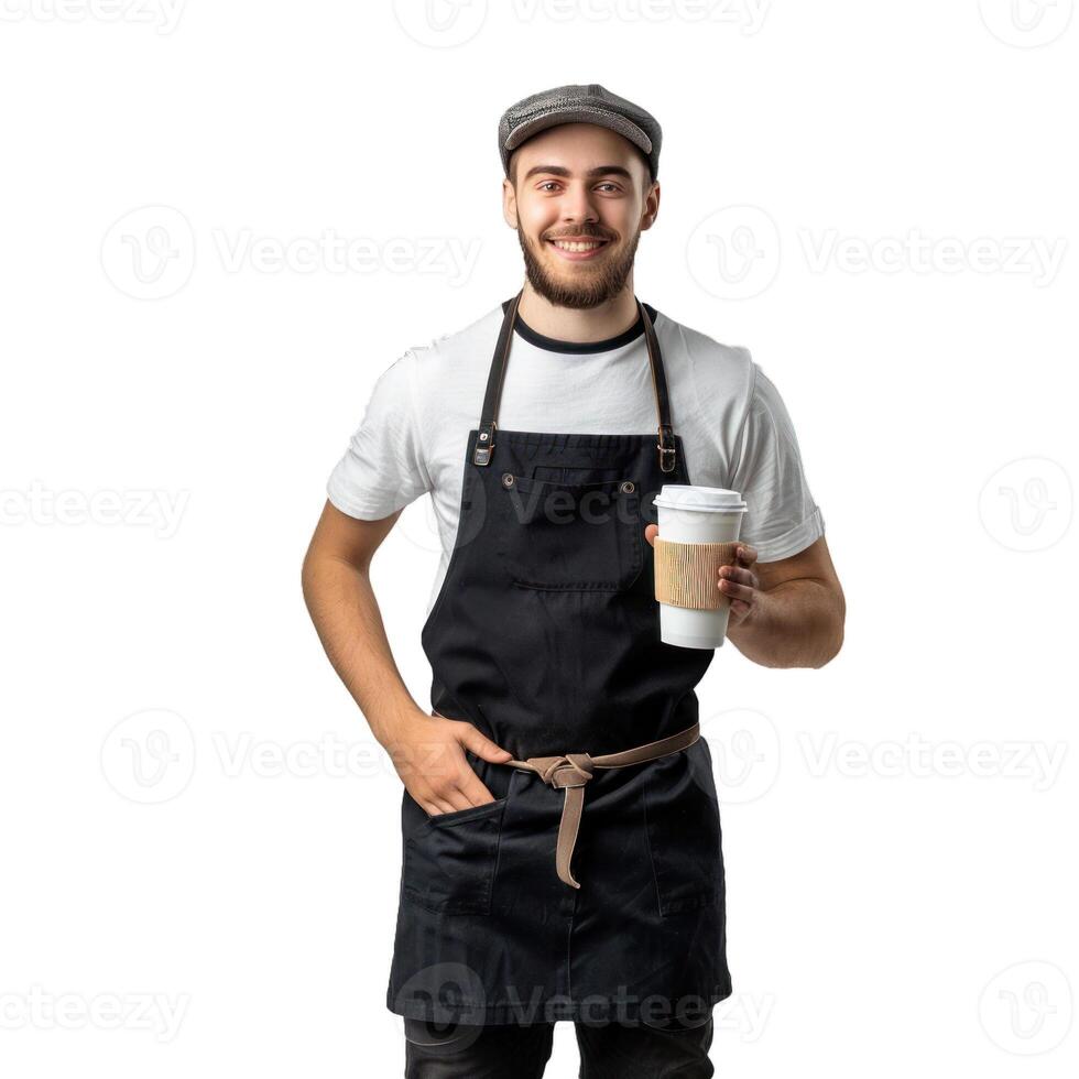 Smiling barista wearing black apron holding coffee cup to go photo