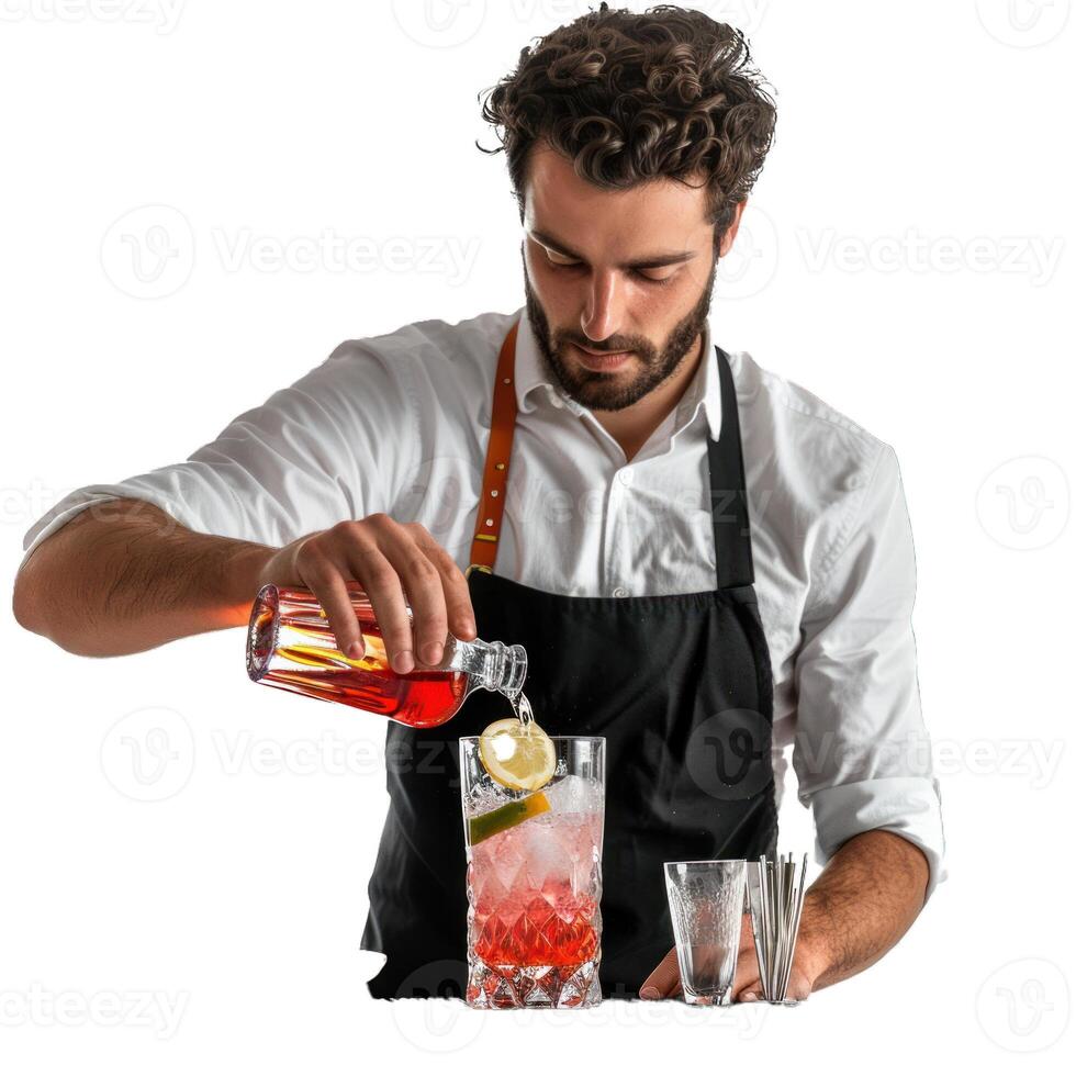 Skilled bartender in apron adding liquor to a mixed drink on a transparent background photo