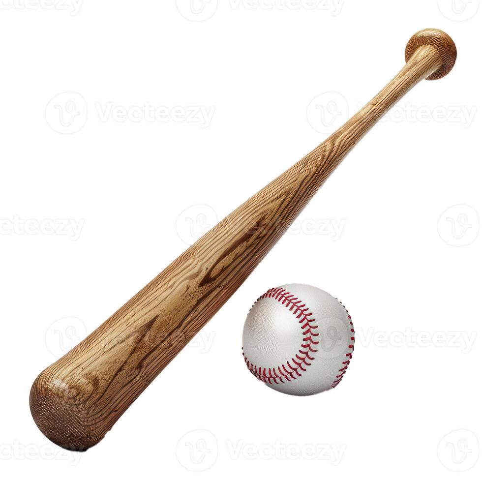 Wooden baseball bat lying near a baseball on white background photo