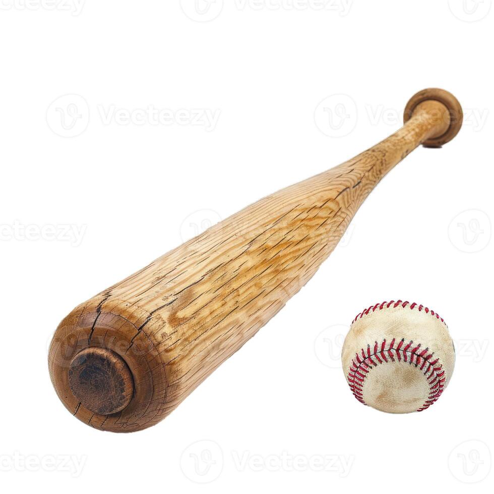 Old wooden baseball bat pointing at baseball on white background photo