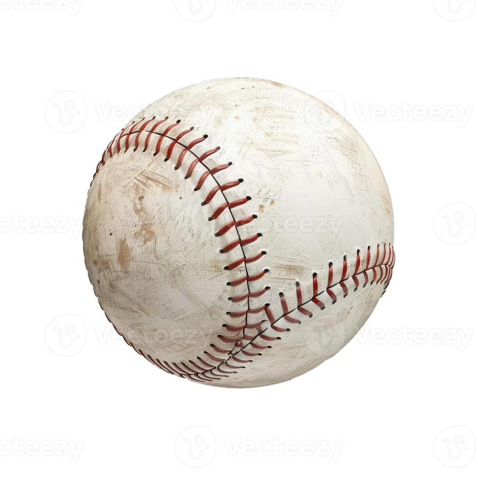 Worn leather baseball showing game use with red stitching photo