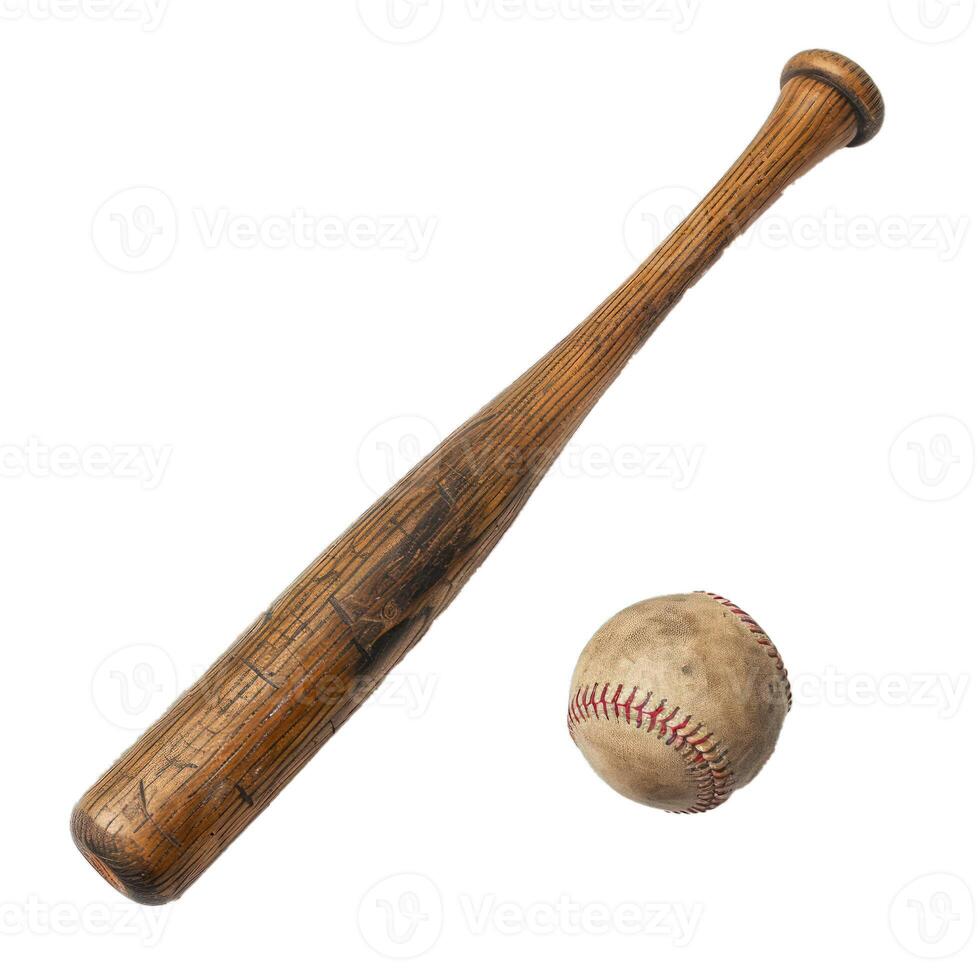 Old wooden baseball bat and ball isolated on white background photo
