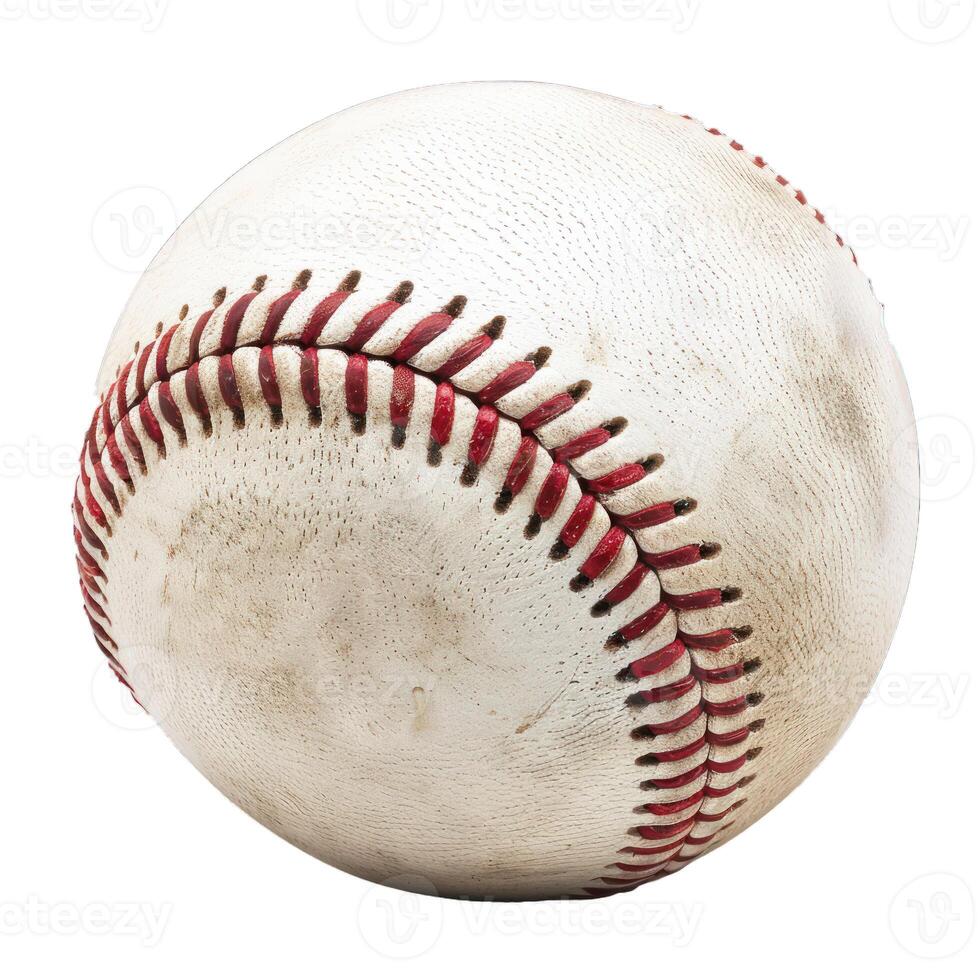 Old, scuffed baseball with dirt and wear from game use photo