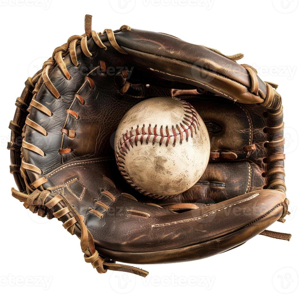 Vintage baseball glove and ball on transparent background photo