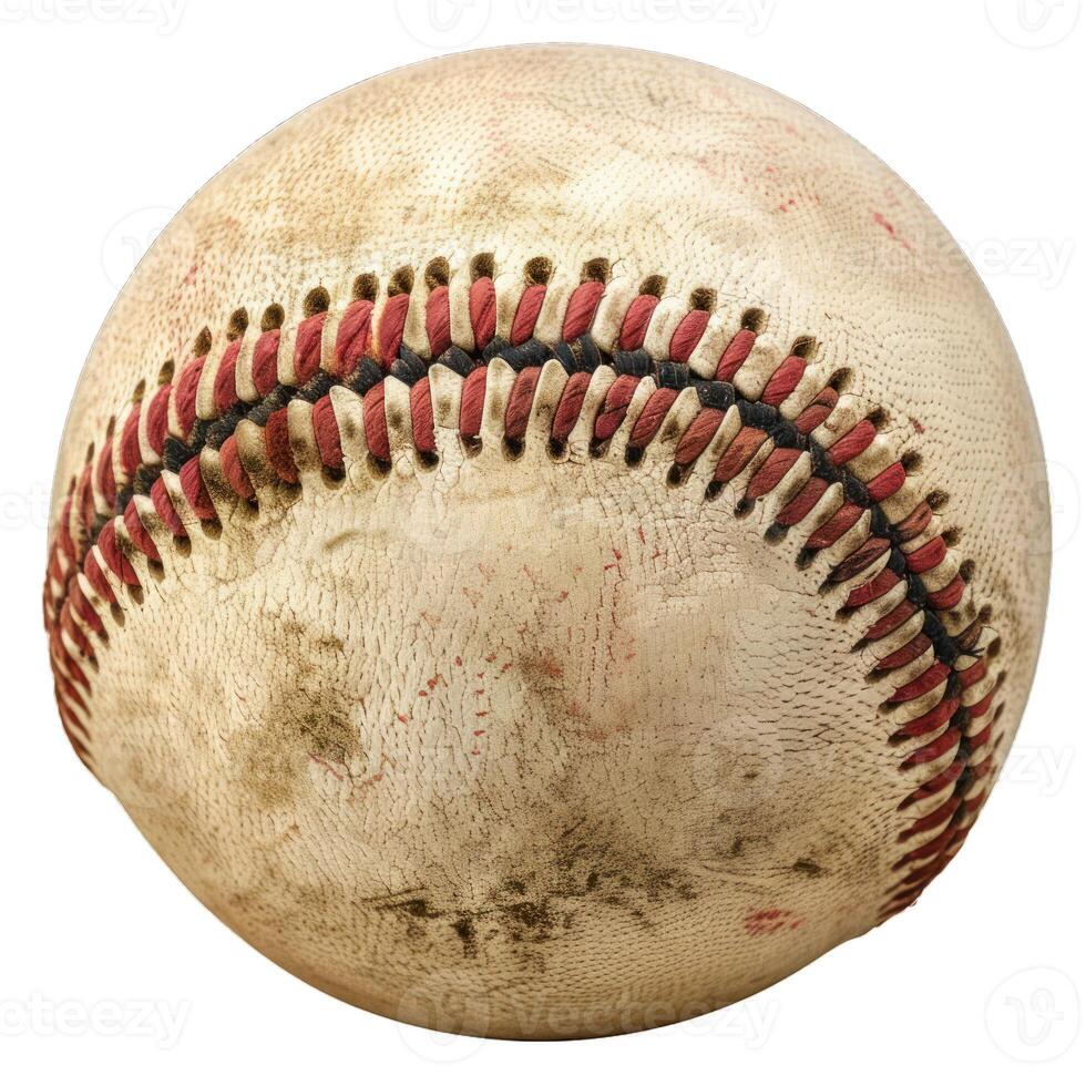 Close up of a rugged, worn baseball showing signs of play photo