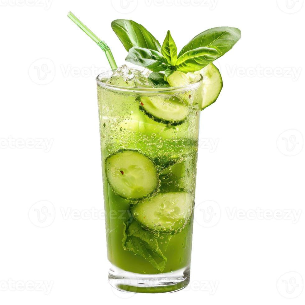 Fresh cucumber basil sparkling cocktail on transparent background photo