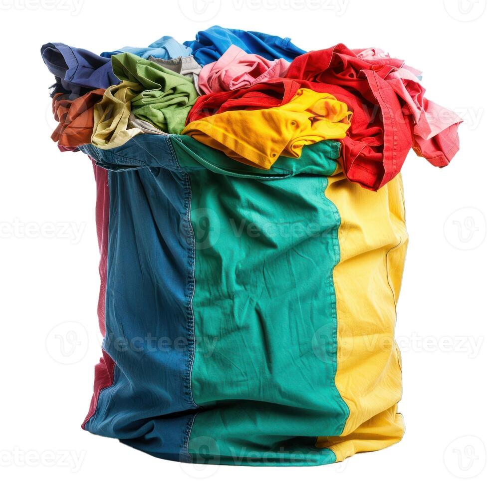 Overflowing laundry basket full of colorful clothes photo