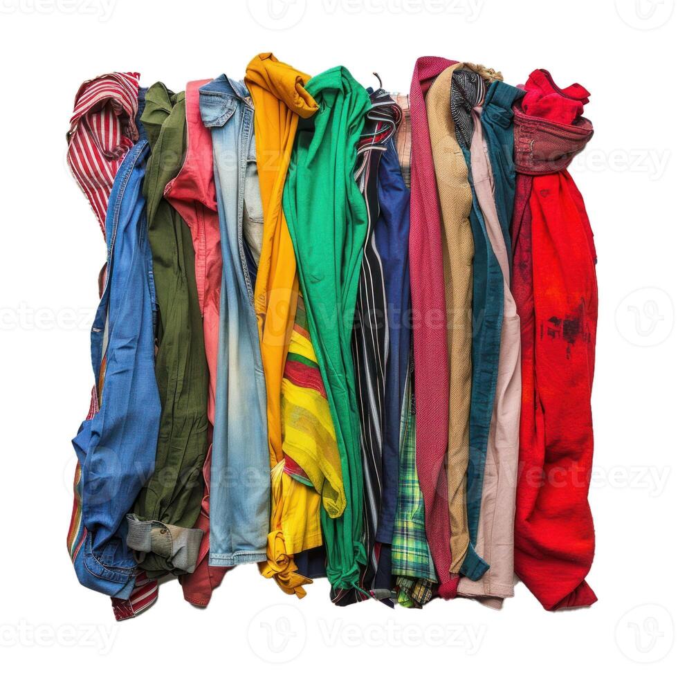 Assorted hanging clothes on transparent background photo