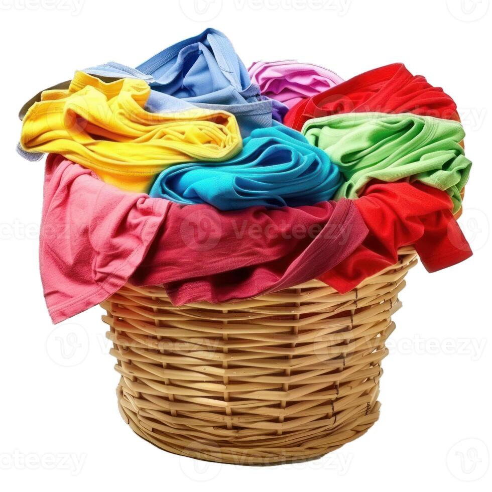 Wicker laundry basket overflowing with folded colorful clothes photo