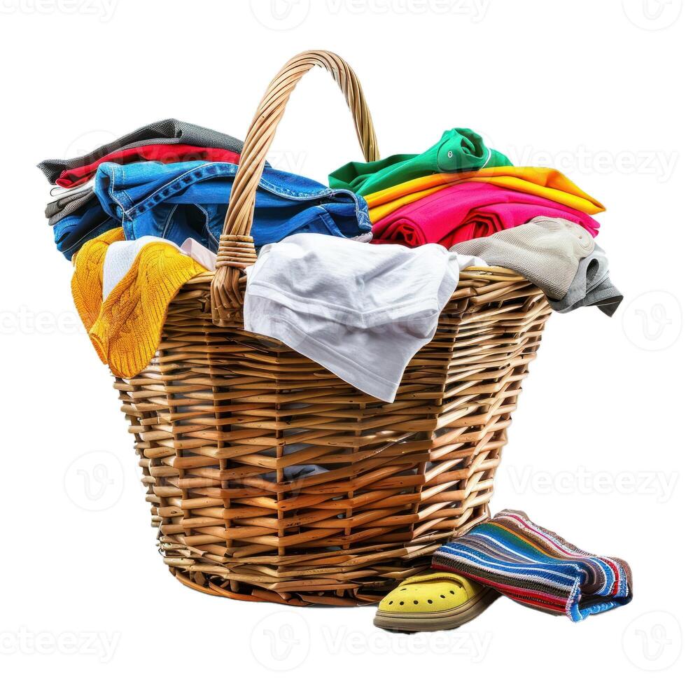 Colorful laundry pile in wicker basket photo