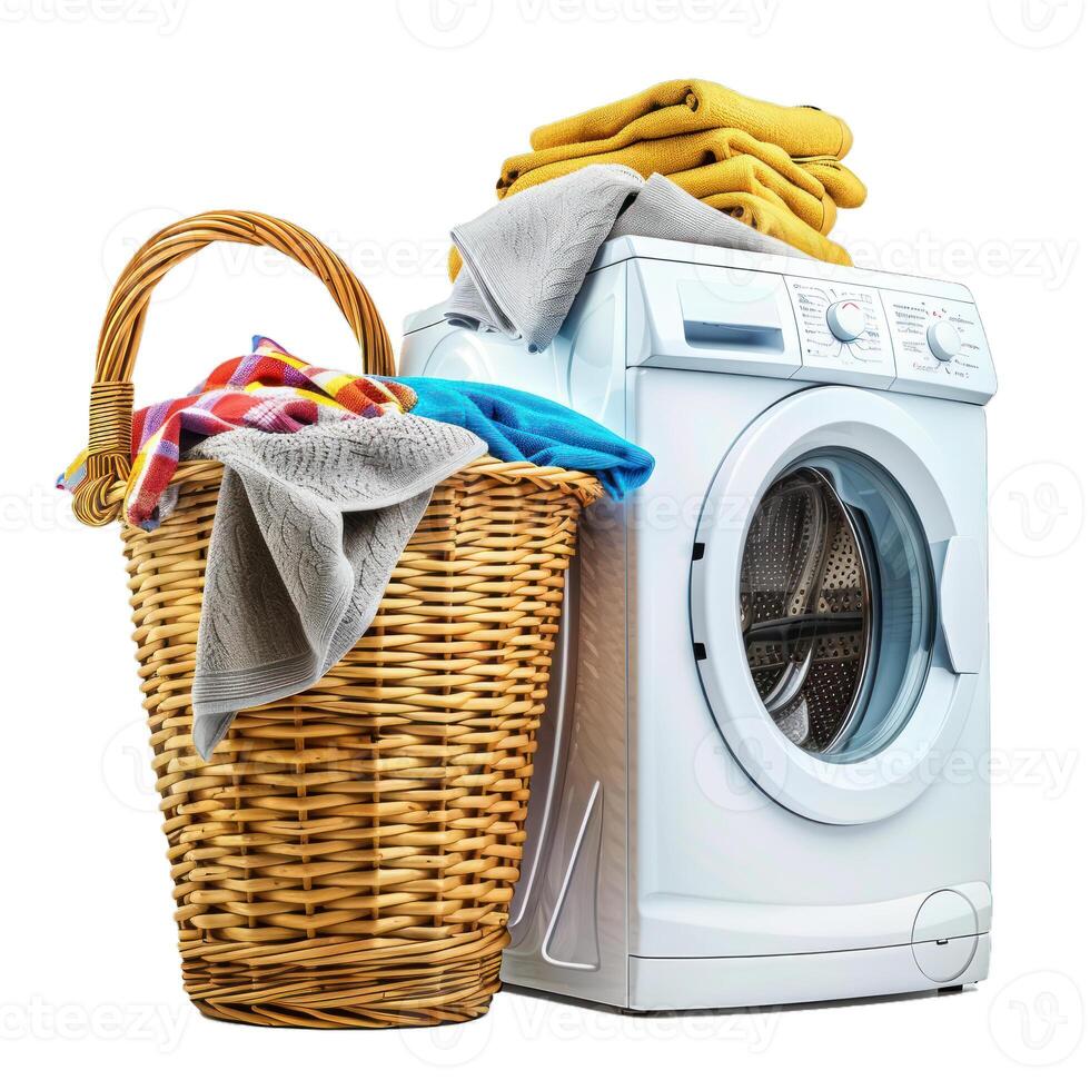 Washing machine standing next to wicker laundry basket full of clothes photo