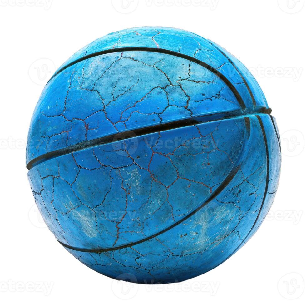 Blue cracked basketball showing age and wear isolated photo