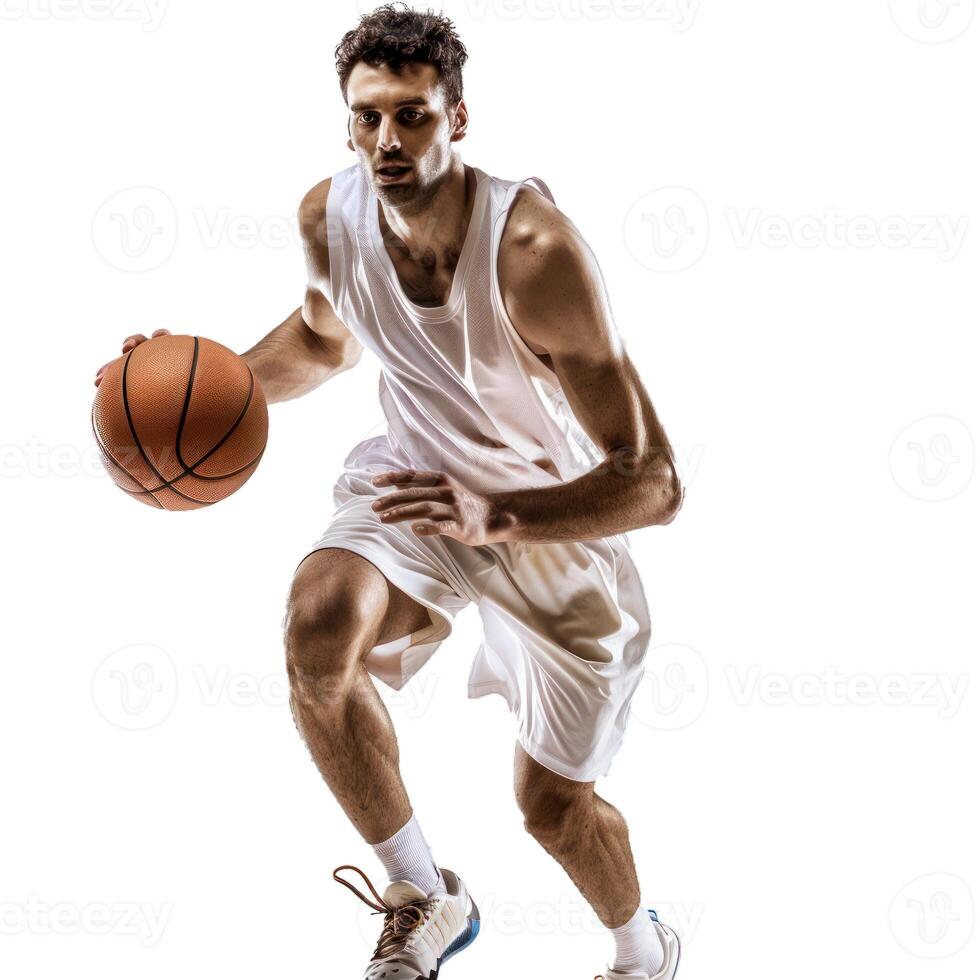 Dynamic basketball player dribbling on court photo