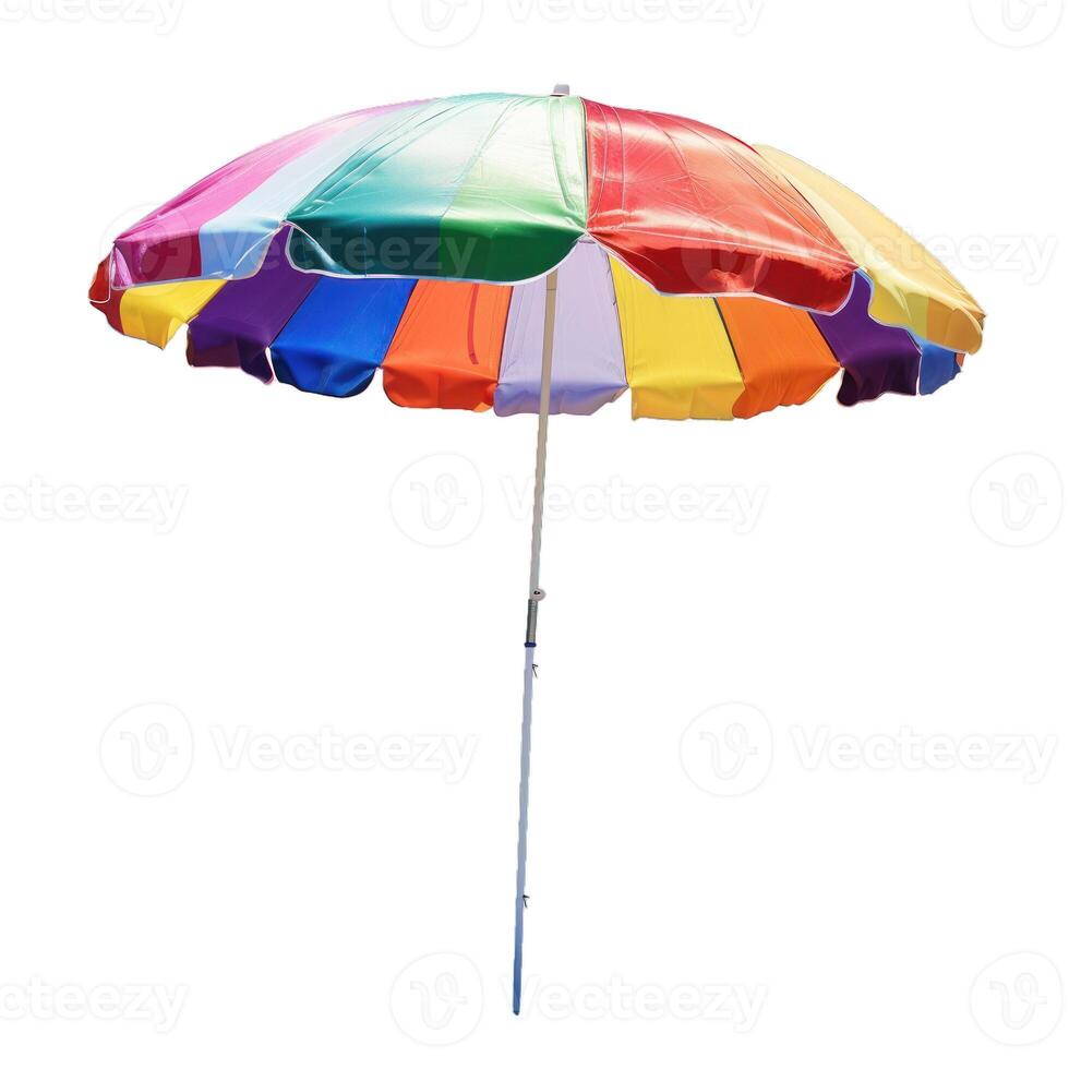 Colorful beach umbrella standing on white background representing summer holidays photo