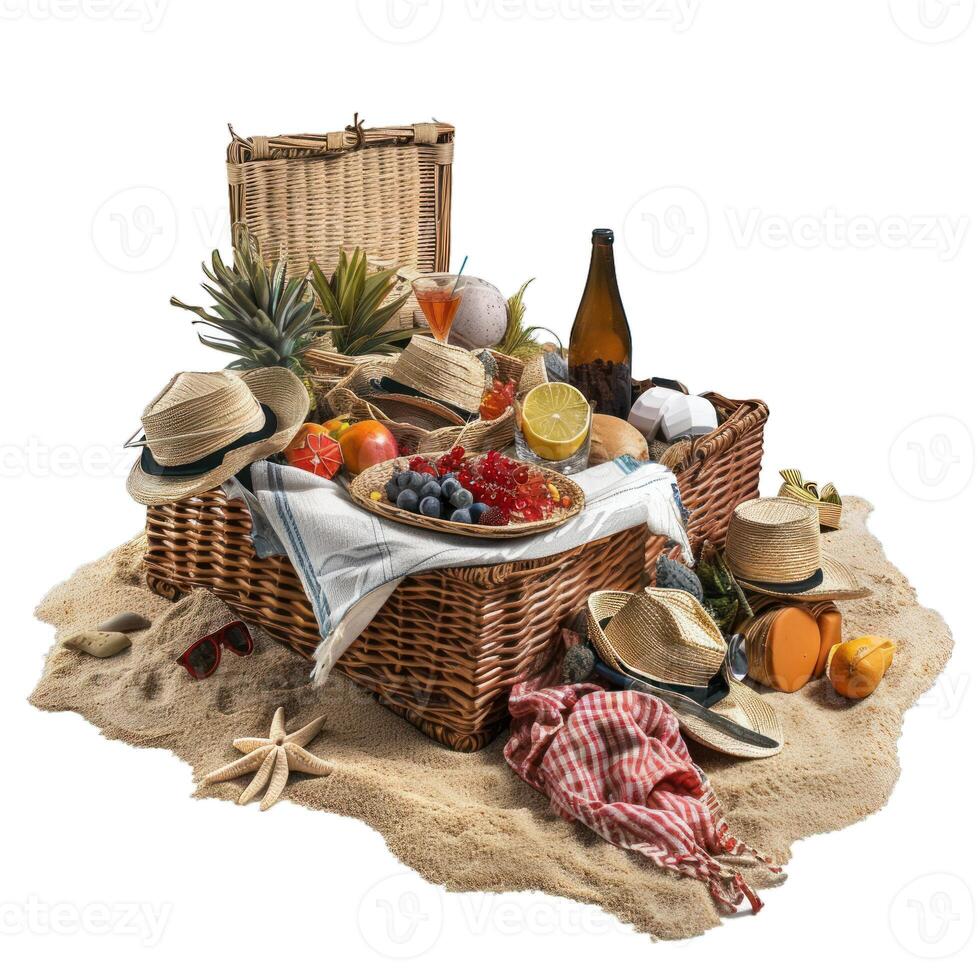 Summer picnic setup with tropical fruits and beach accessories photo