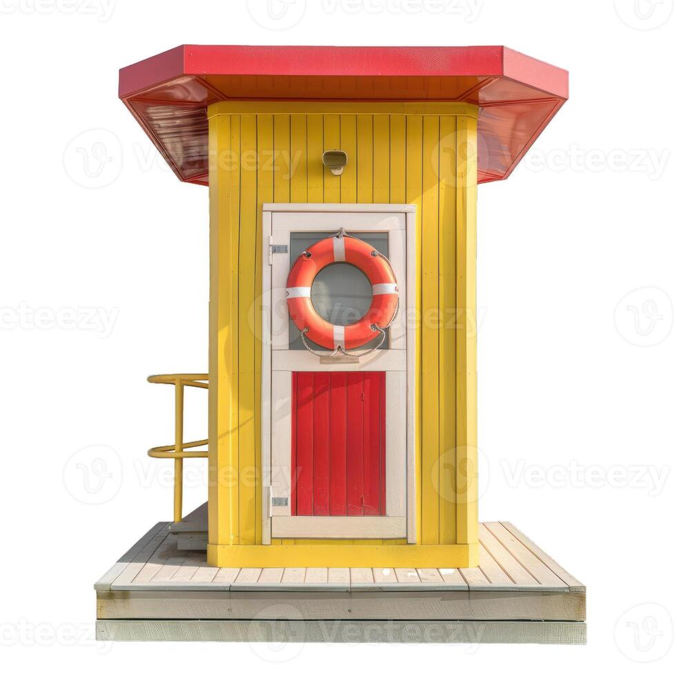 Yellow lifeguard hut standing on wooden platform with red roof photo
