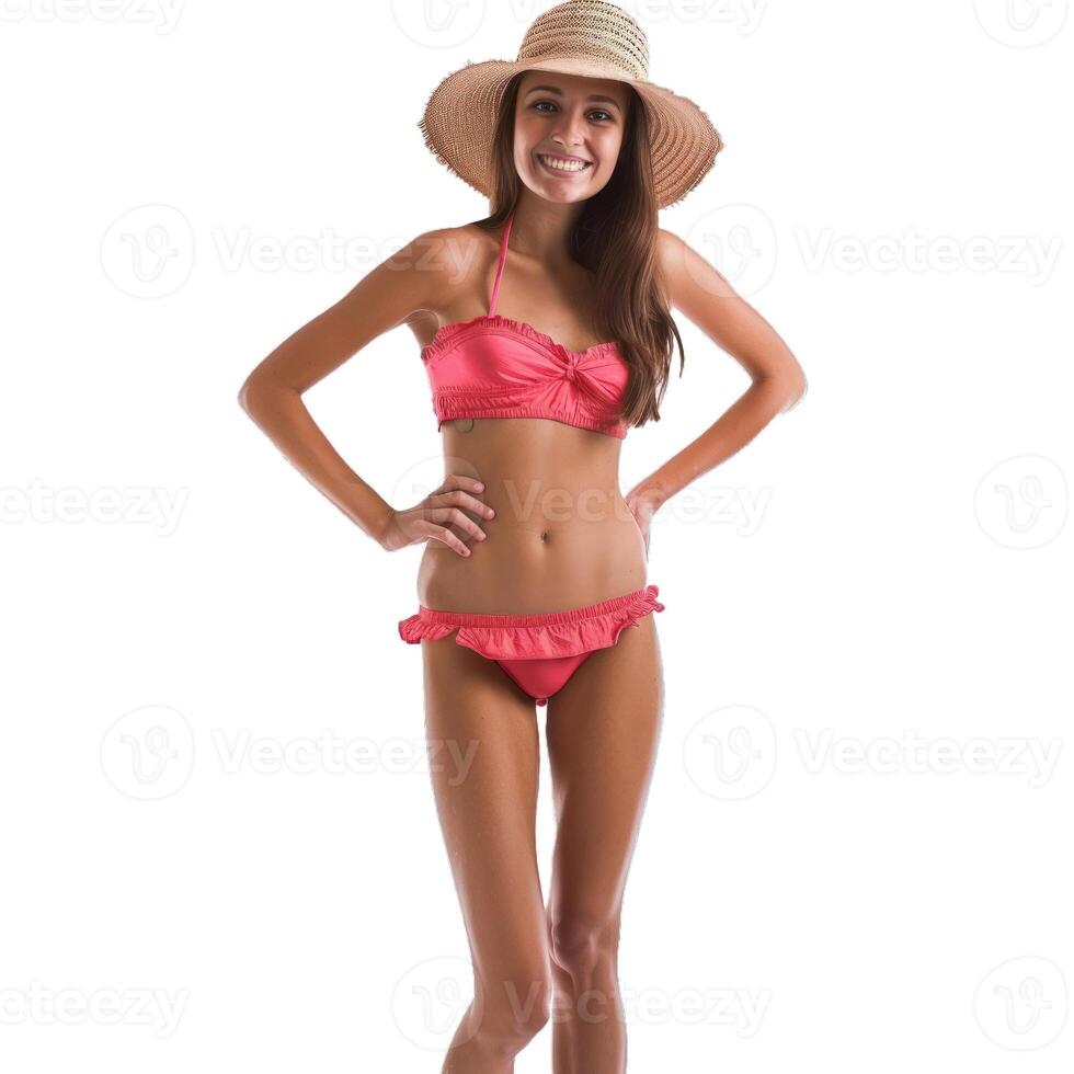 Smiling woman in pink bikini and straw hat photo