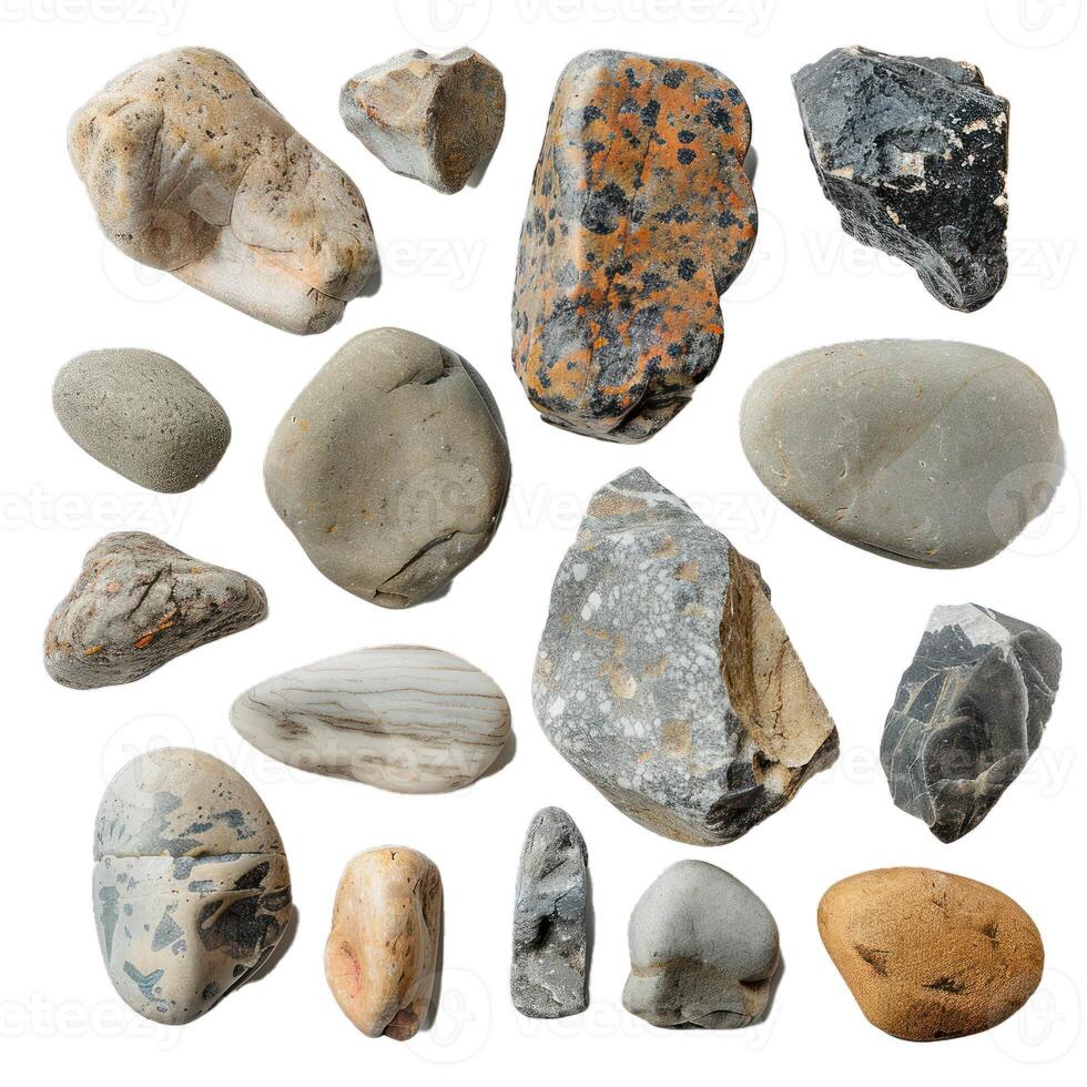 Set of various colorful and textured rocks showing geological diversity photo