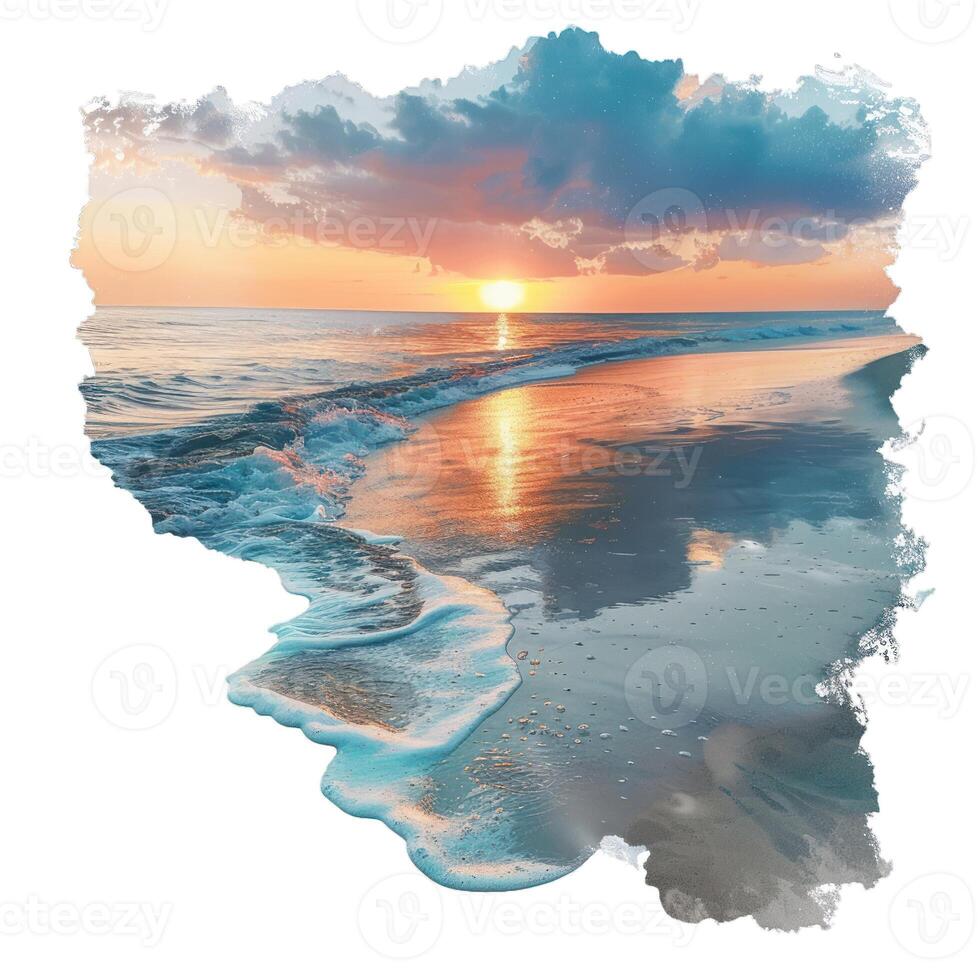 Sunset reflections on beach with cloud frame photo
