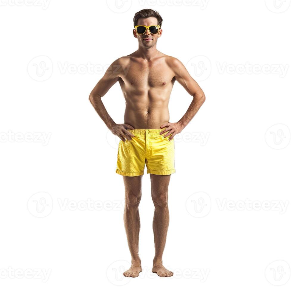 Attractive young man wearing yellow swim trunks and sunglasses is standing with hands on hips photo