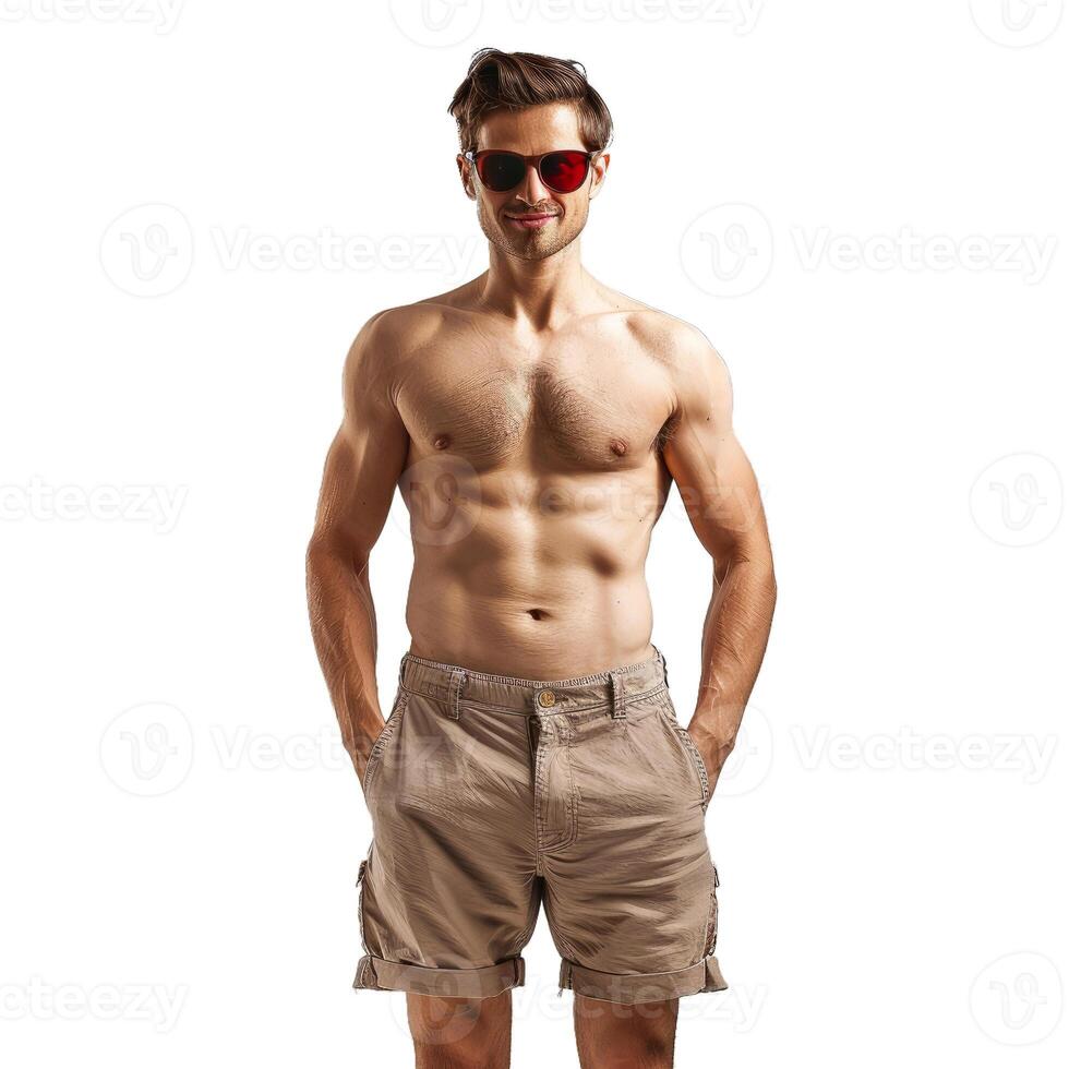 Muscular man with sunglasses and bare torso posing with hands in pockets photo