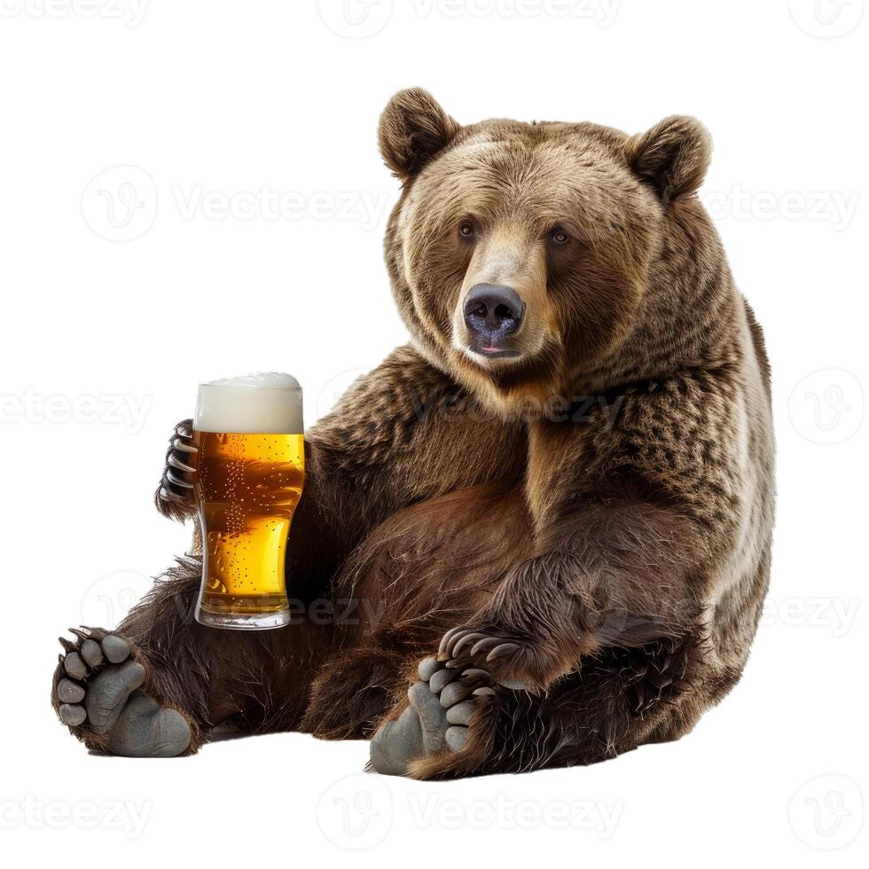 Brown bear relaxing with a glass of beer isolated on white background photo
