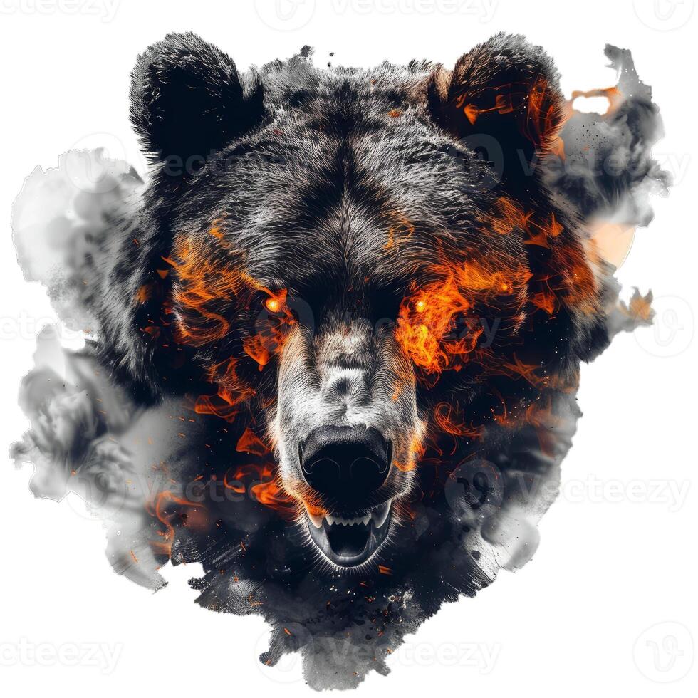 Grizzly bear with fiery eyes emerging from smoke and flames photo