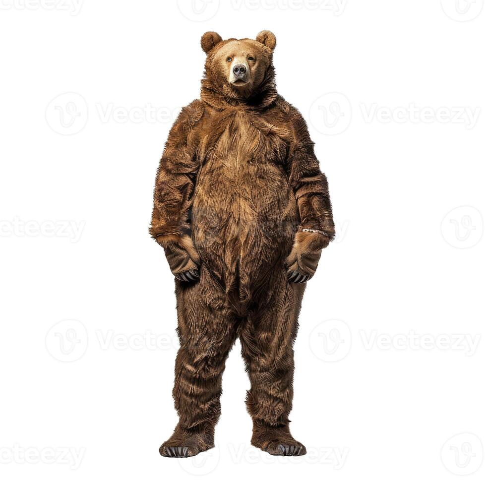 Person wearing brown bear costume standing on white background photo
