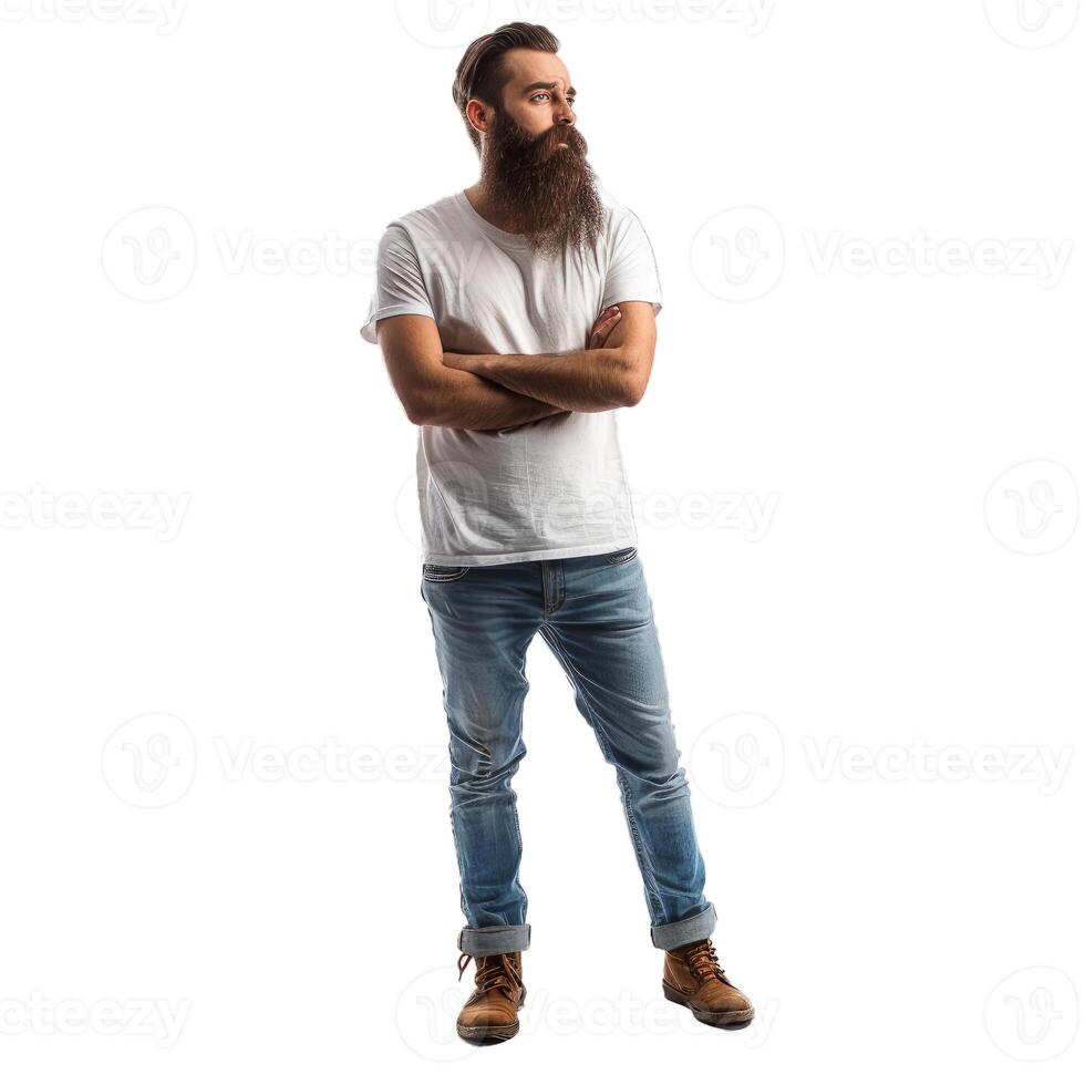 Bearded man with folded arms looking away photo