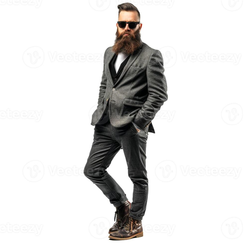 Stylish bearded man in suit on transparent background photo