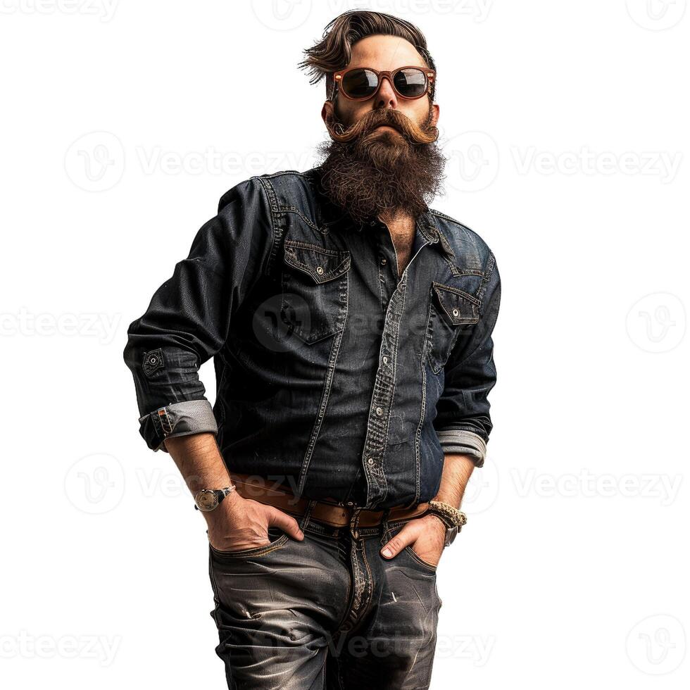 Bearded man with sunglasses posing with hands in pockets photo