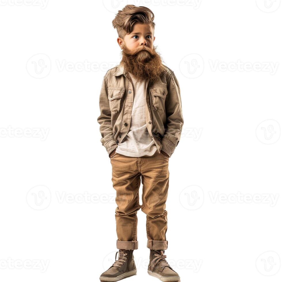 Young boy with fake beard standing with hands in pockets looking thoughtful photo