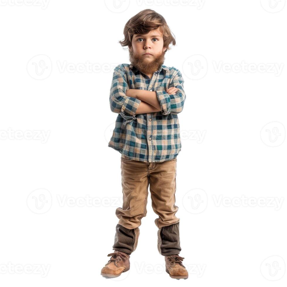 Young boy with fake beard folding his arms and standing on white background photo