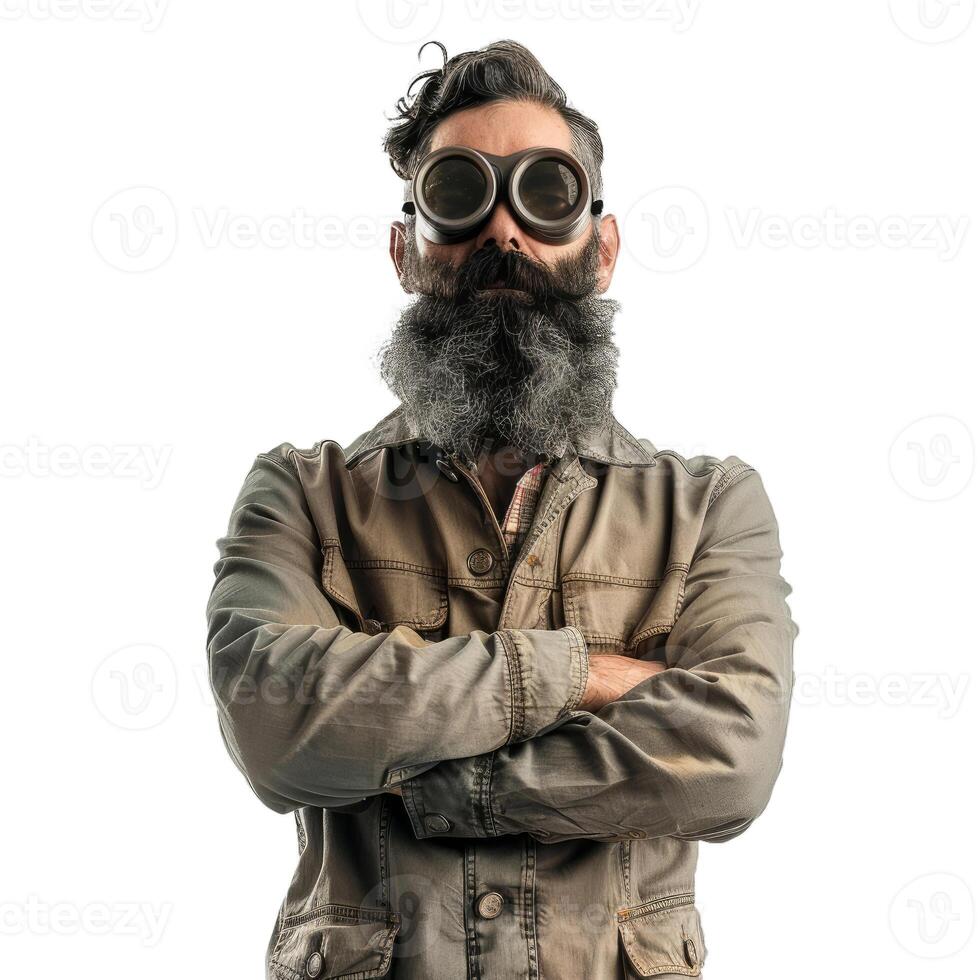 Serious bearded mechanic wearing safety goggles crossing arms on white background photo