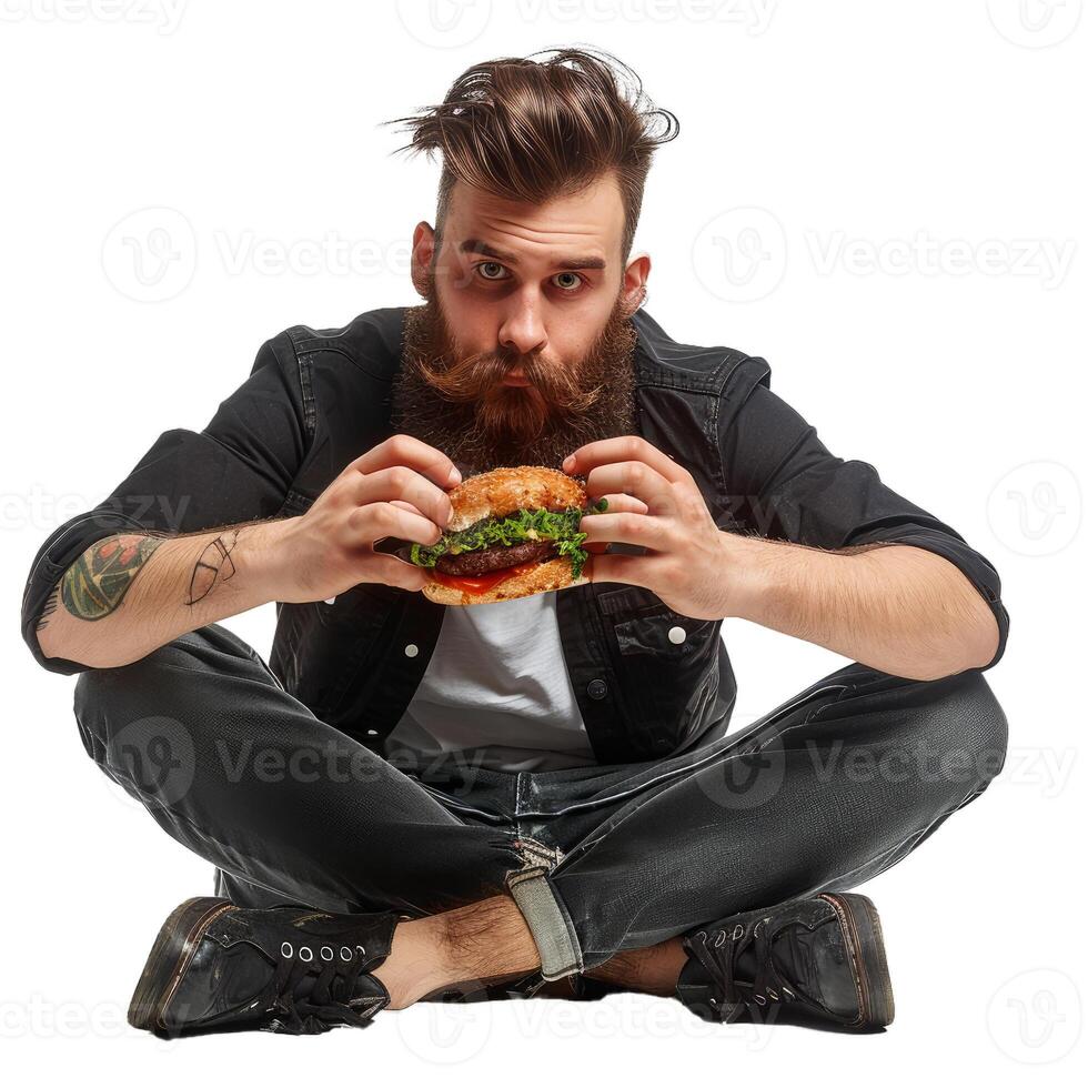 Bearded man sitting cross legged holding a hamburger photo