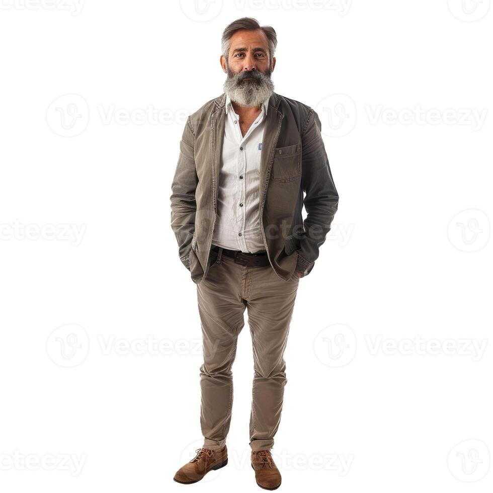 Confident senior businessman with hands in pockets posing on white background photo