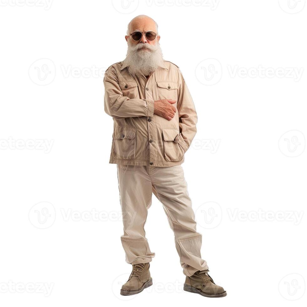 Senior man with beard and sunglasses wearing safari jacket posing with folded arms photo